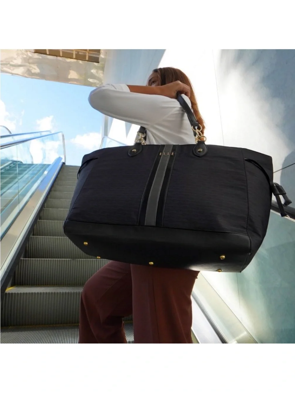 ELLE Luggage Eleganza 32L Weekender Tote Bag Black Travel Gray Stripe travel 🏖️